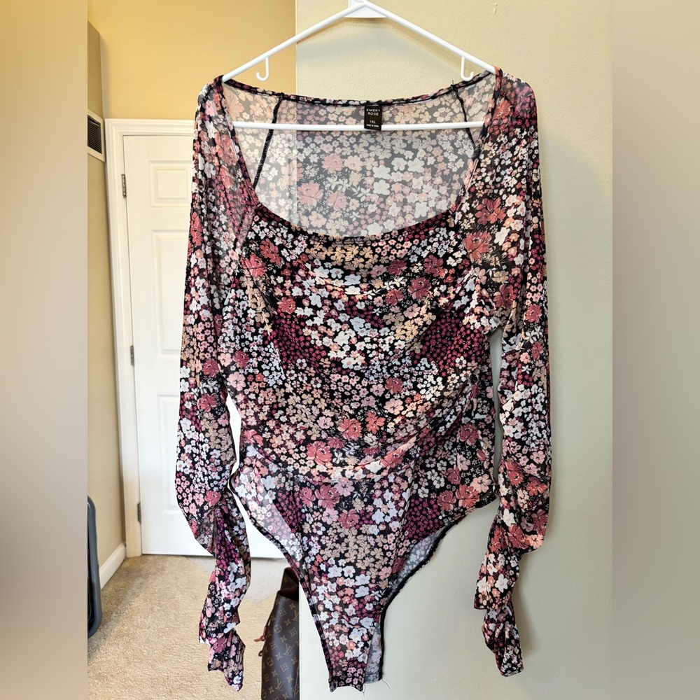 SHEIN Sheer Floral Long-Sleeve Bodysuit - Pink & Black